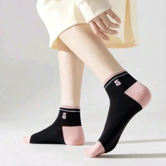 5 pair set pink light weight women's ankle socks black white pink casual dress - Picture 3 of 7